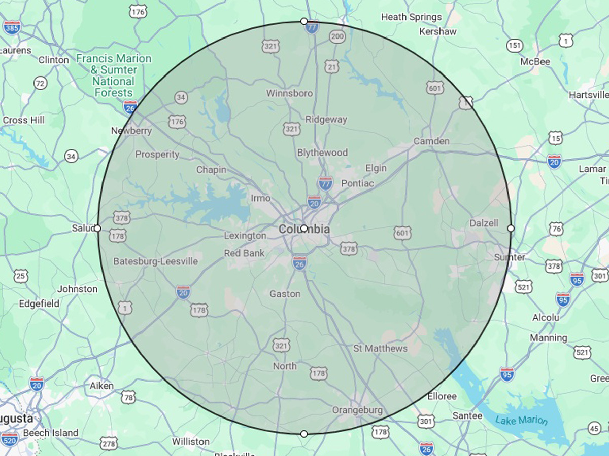 Carolina Property Inspections Service Area Map — Columbia and Central South Carolina
